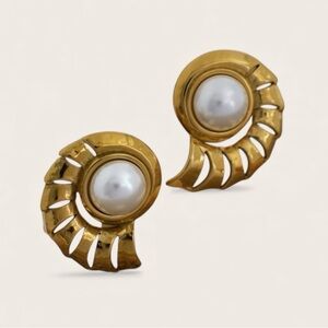 Vintage Shell Pearl Earrings • Gold Sculptural Statement Studs